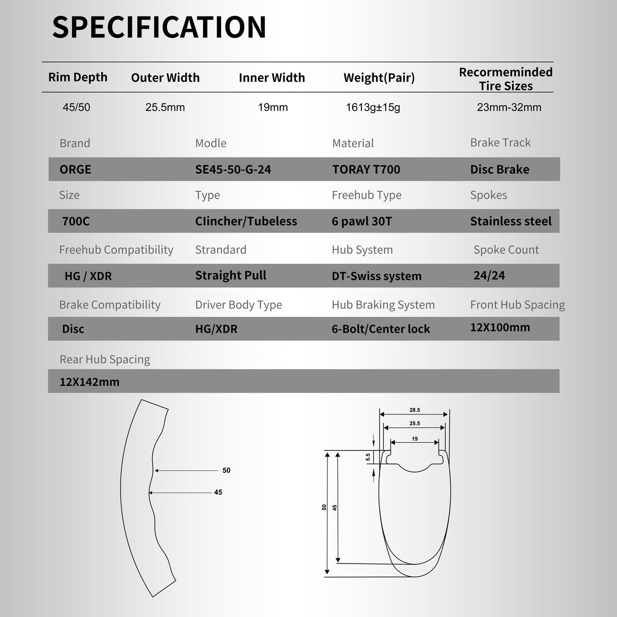 Road wheelsets RW-ORGE-SE4550-G-24